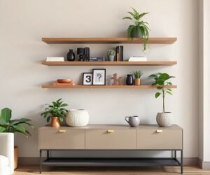 floating shelves over a console table