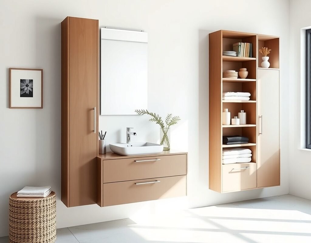 floating vanity with tall storage tower