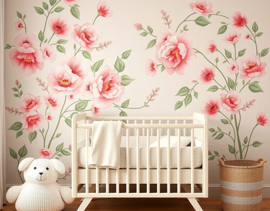 floral accent wall in pink and green