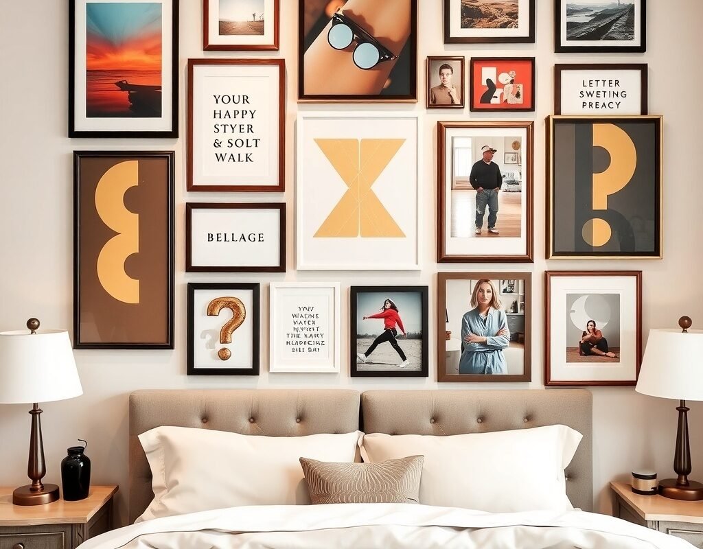 gallery wall with framed prints and photos