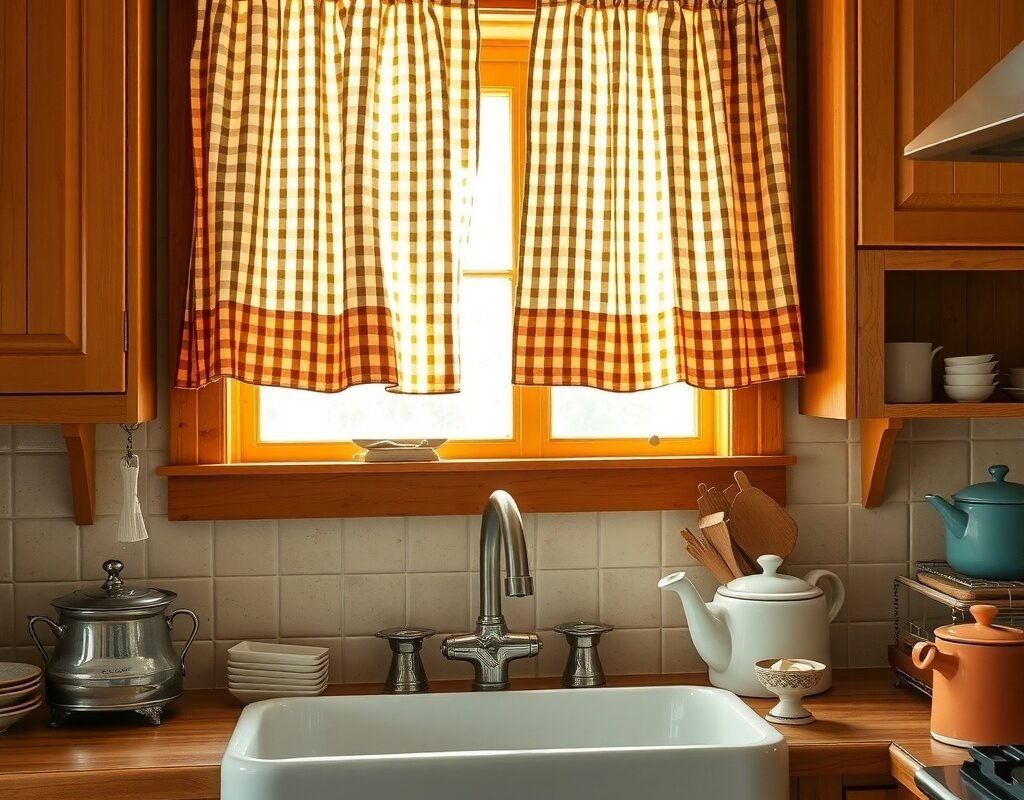 gingham cafe curtains over the sink