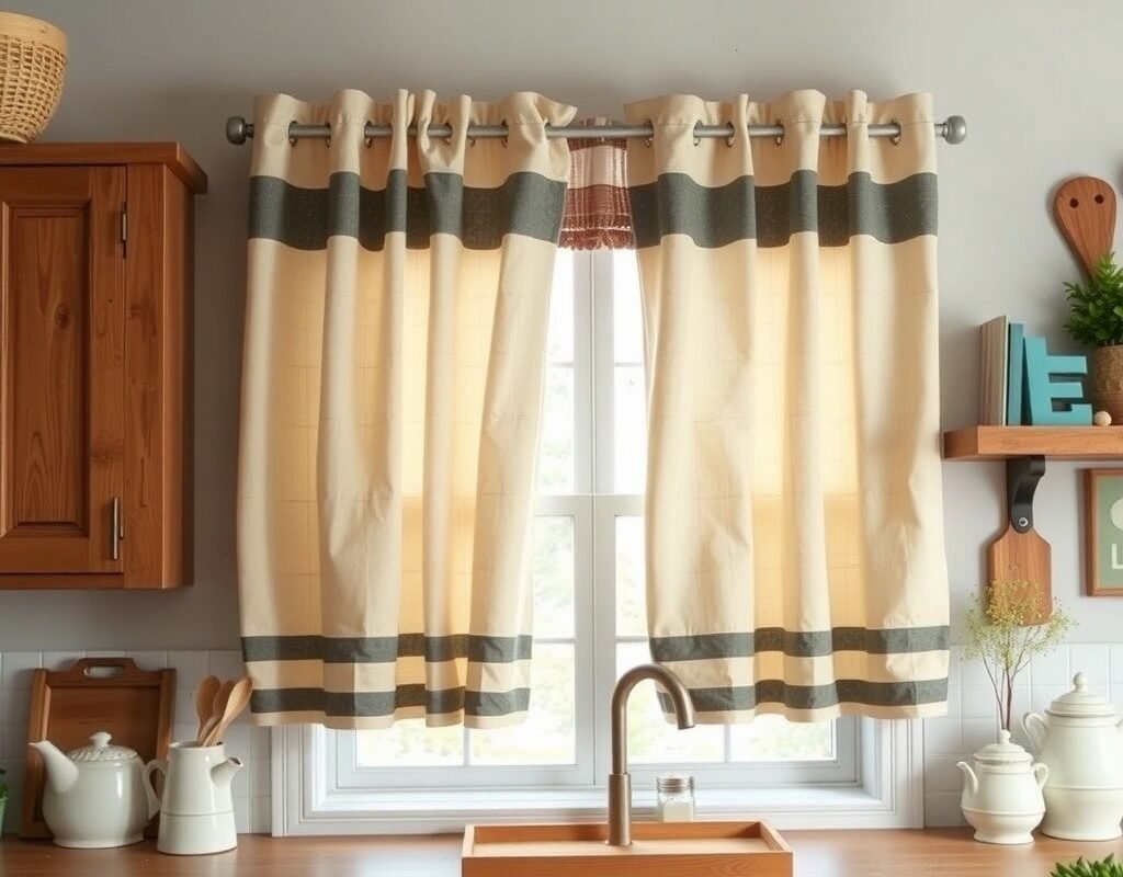 grain sack stripe curtains in beige and charcoal