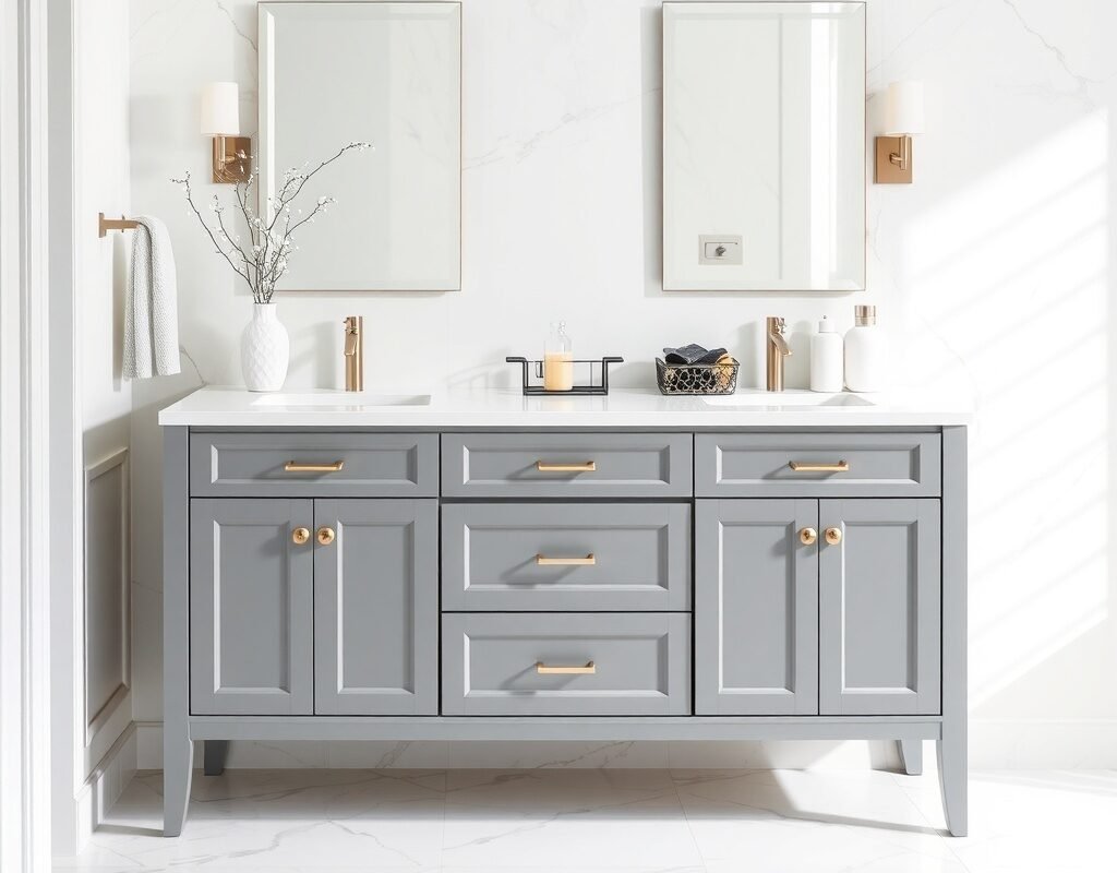 gray vanity with white countertop