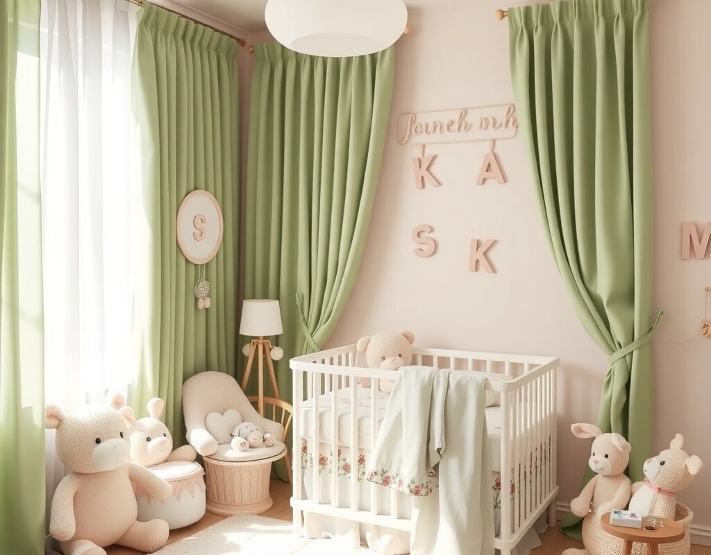 green curtains with light pink decor