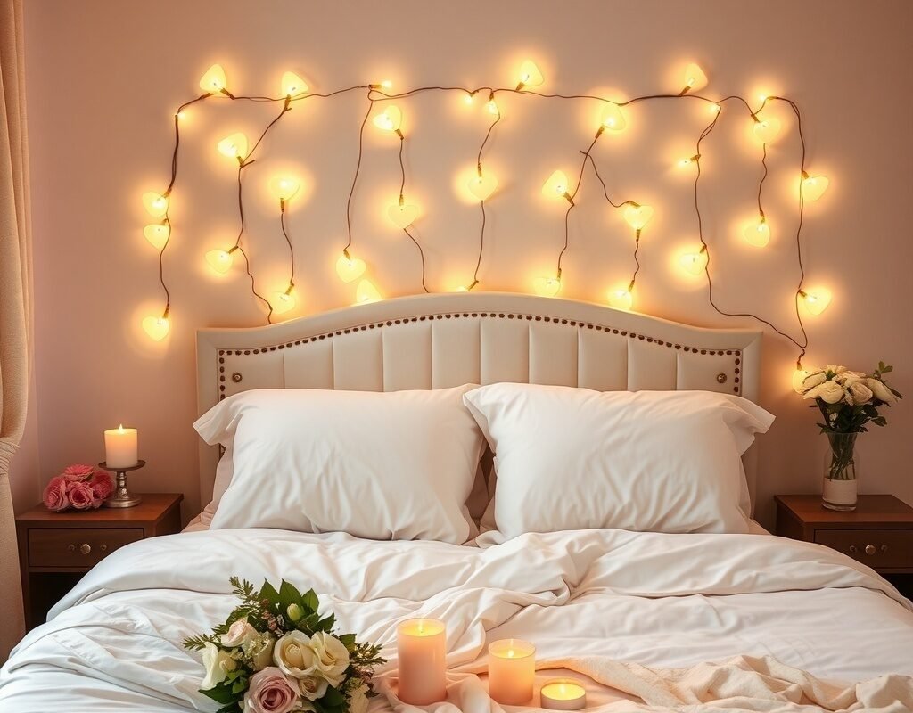 heart fairy lights on the headboard