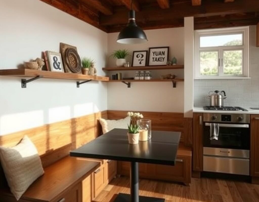 kitchen nook with brown wood bench black table