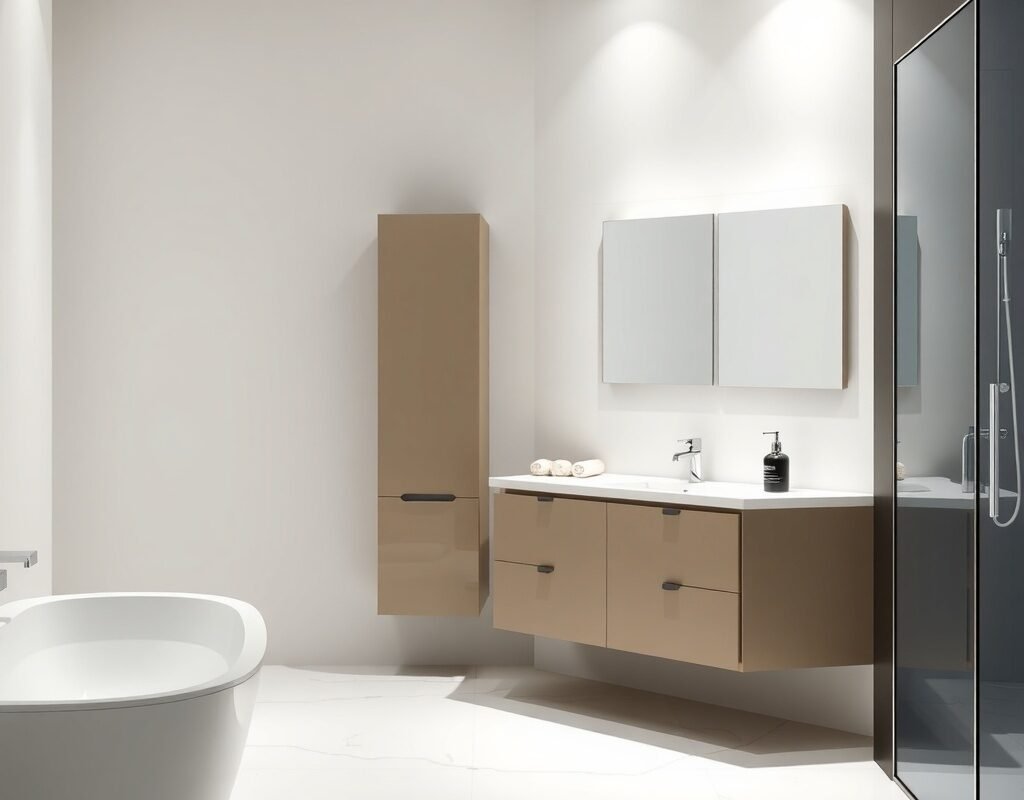 modern glossy vanity with slim tower cabinet