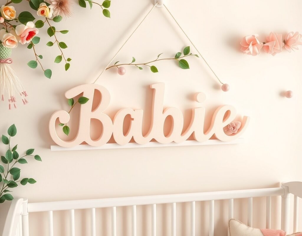 name sign in blush with green leaves