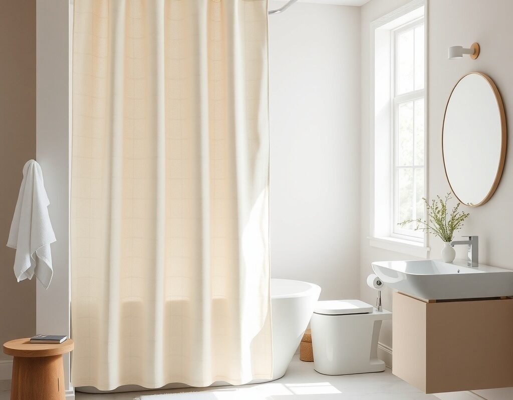 neutral linen look shower curtain