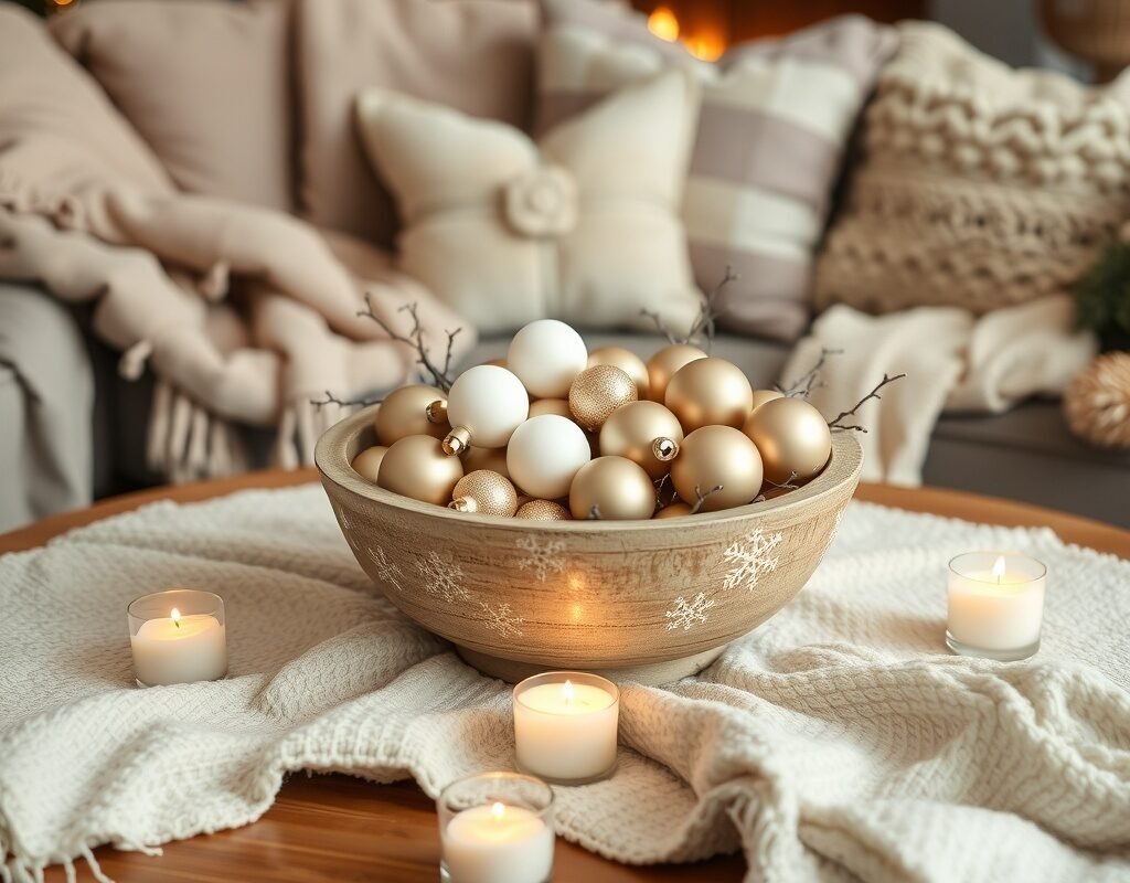 neutral ornaments in a bowl