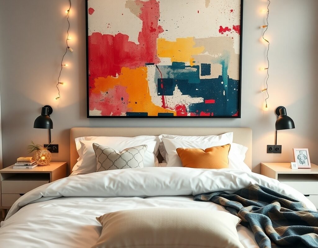 one large statement art piece above the bed