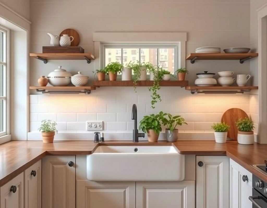 open shelves on both sides of the sink