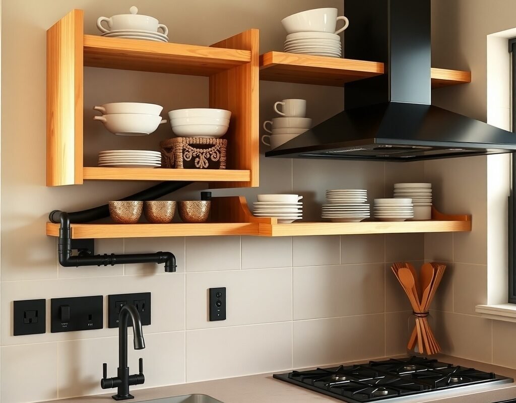 open wood racks with black outlets and fixtures