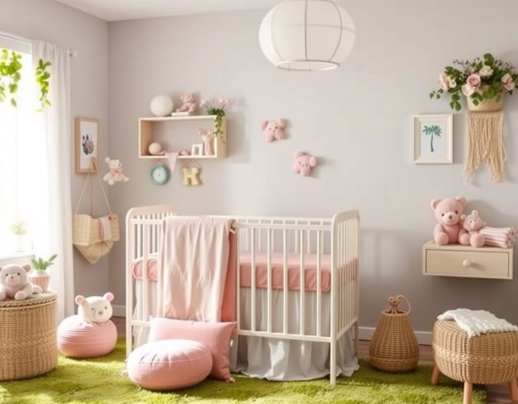 pink crib bedding with green nursery rug