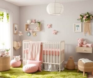 pink crib bedding with green nursery rug