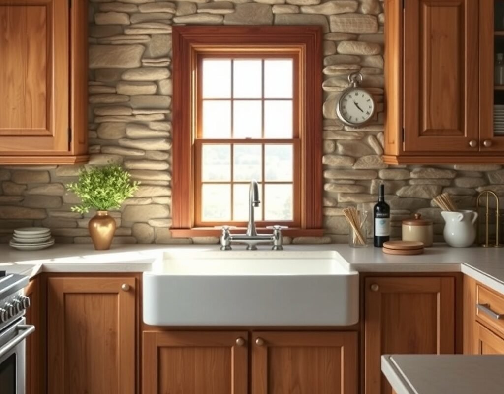 rustic stone or brick backsplash behind