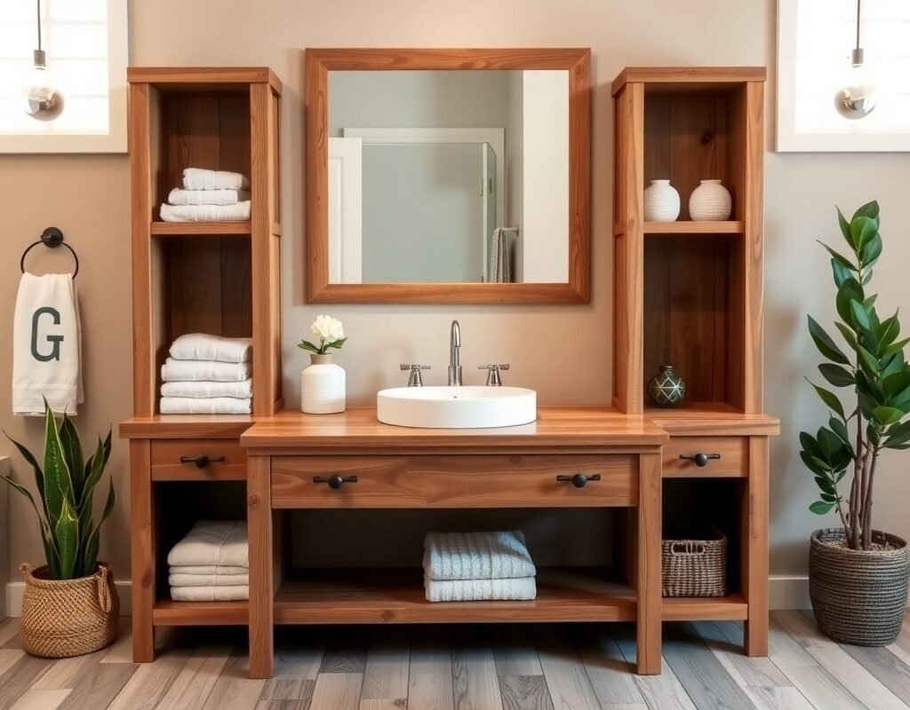 rustic wood vanity with open tower shelves