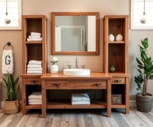 rustic wood vanity with open tower shelves