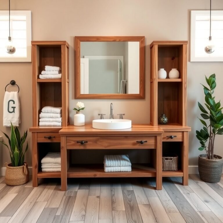 rustic wood vanity with open tower shelves