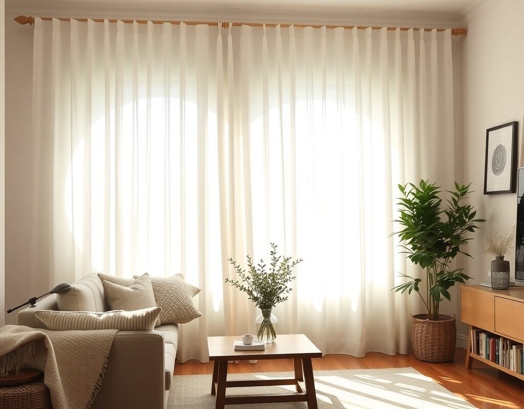 sheer white curtains layered with thicker drapes