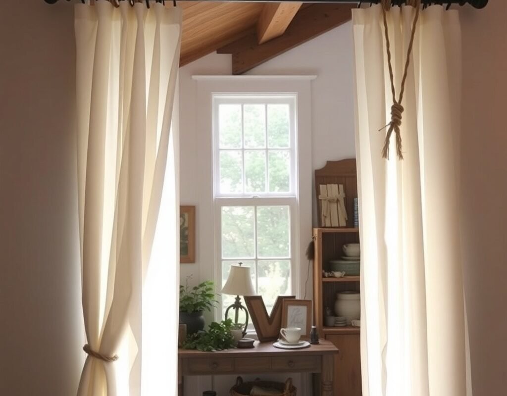 sheer white with twine tiebacks