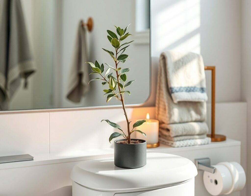small plant or faux plant on the counter or toilet