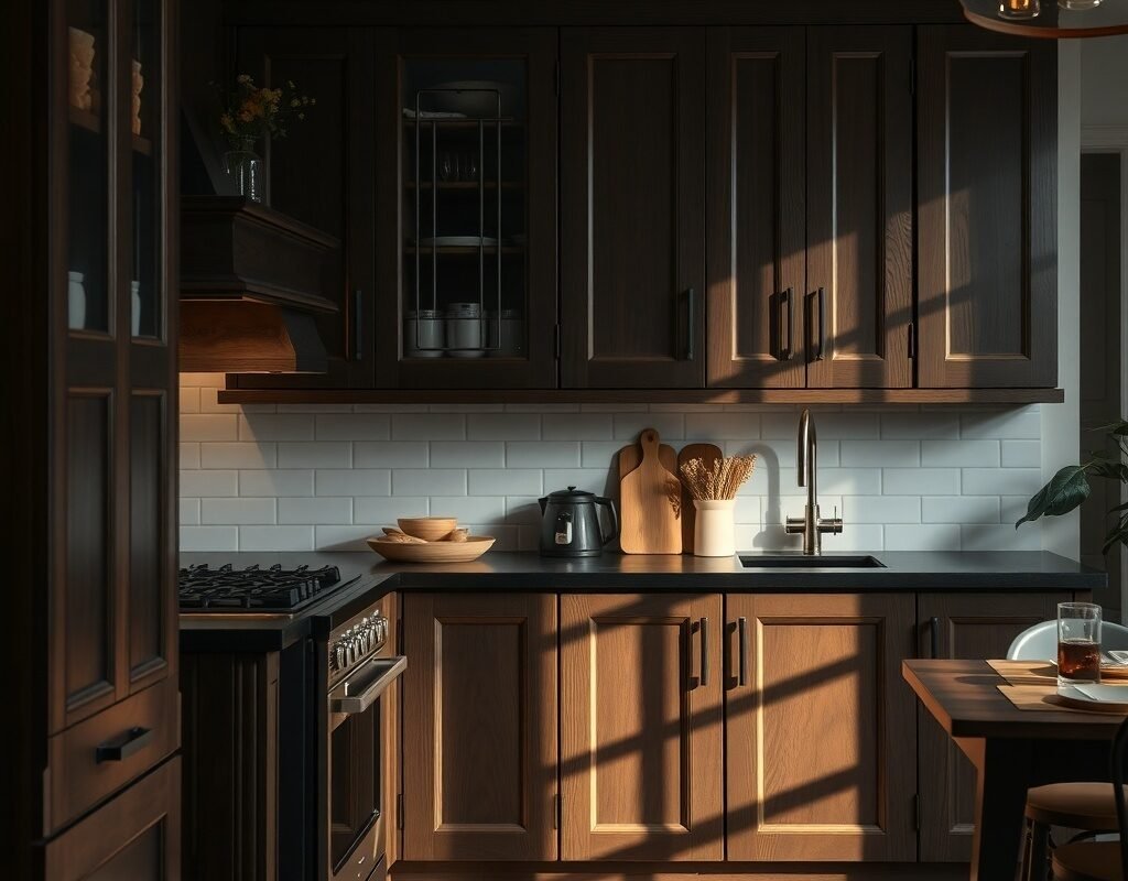 soft warm lighting under wood cabinets