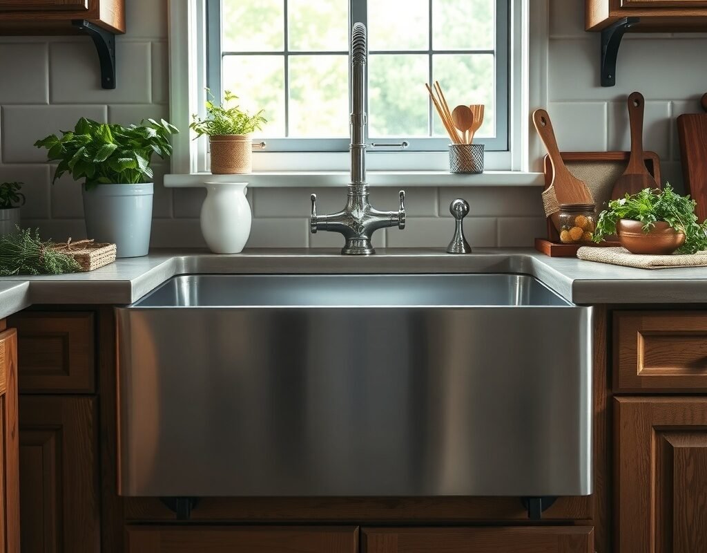 stainless steel farmhouse sink with a single large