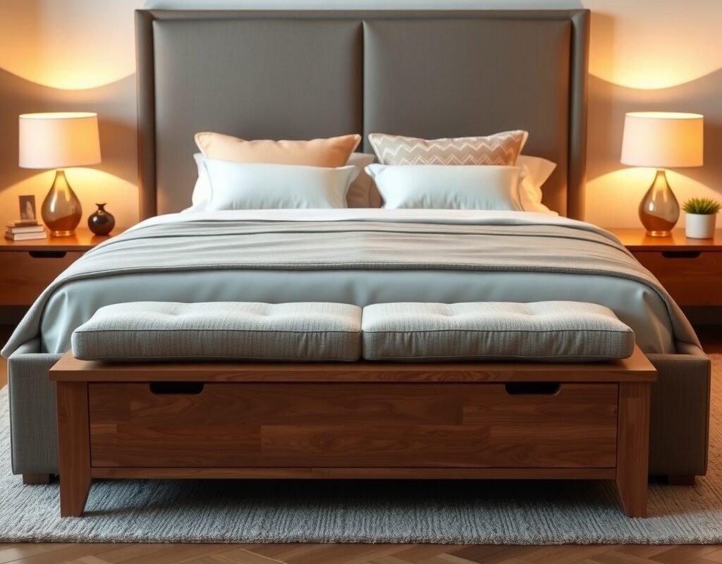 storage bench at the foot of the bed