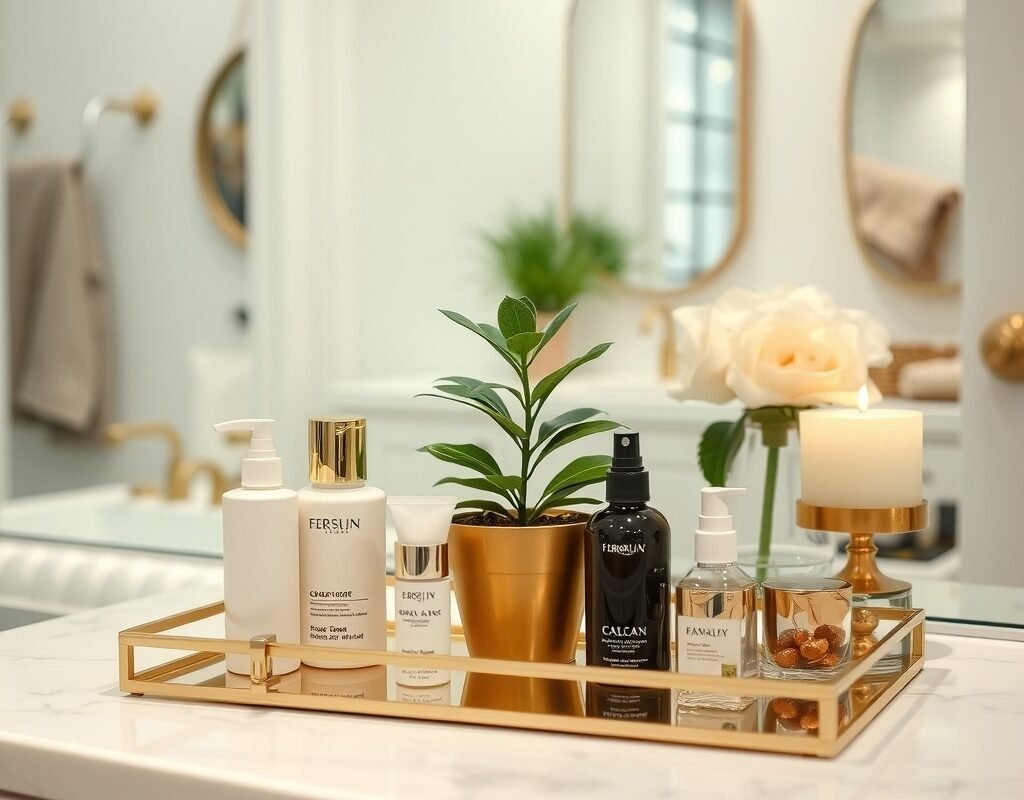 tray on the vanity to organize daily items