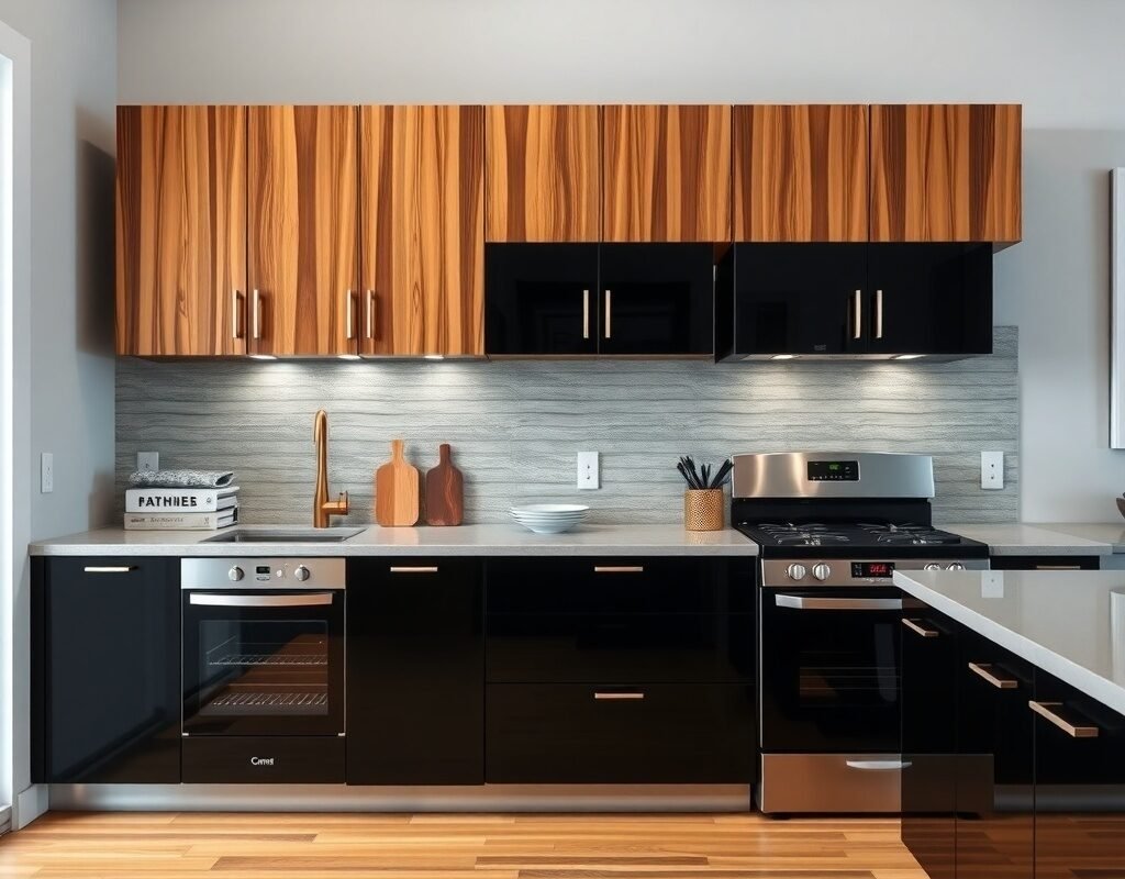two tone cabinets wood and black