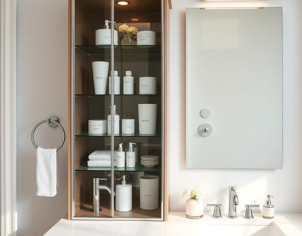 vanity with glass front storage tower