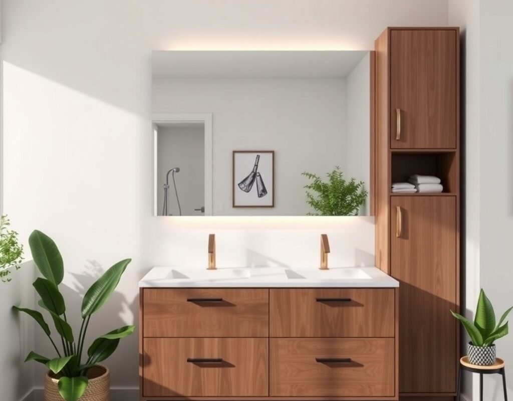 vanity with integrated mirror and tower storage