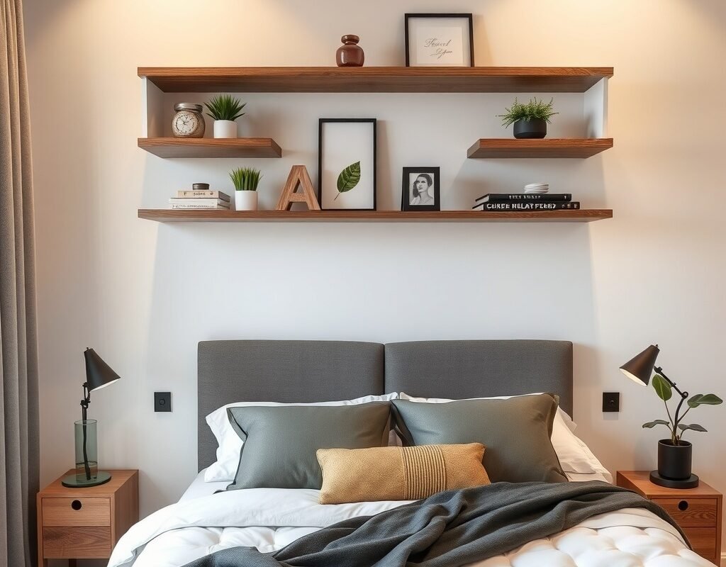 wall mounted shelves above the bed