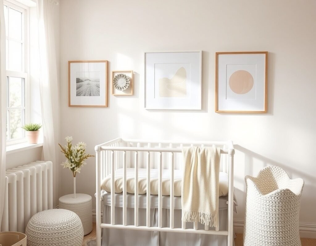 white walls with neutral art