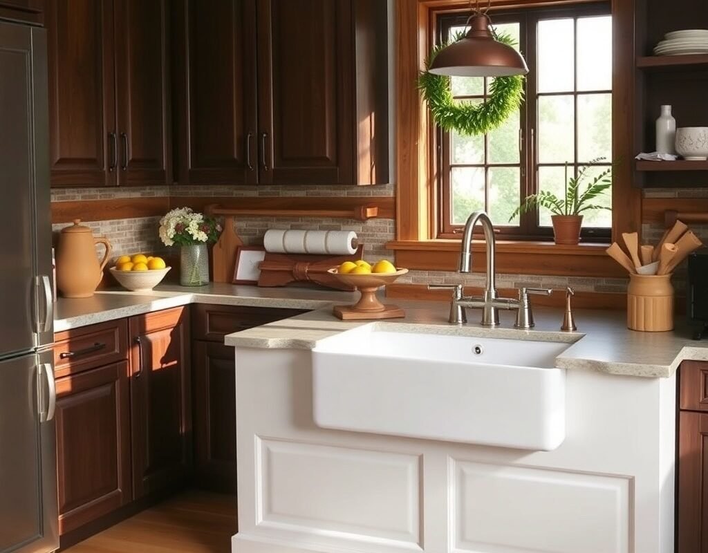 Dark Cabinets With A White Farmhouse Sink