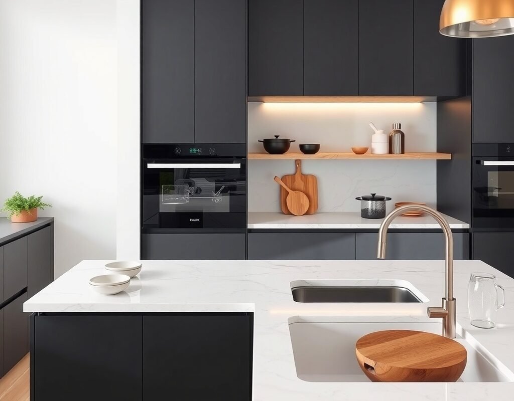 matte black cabinets marble counters