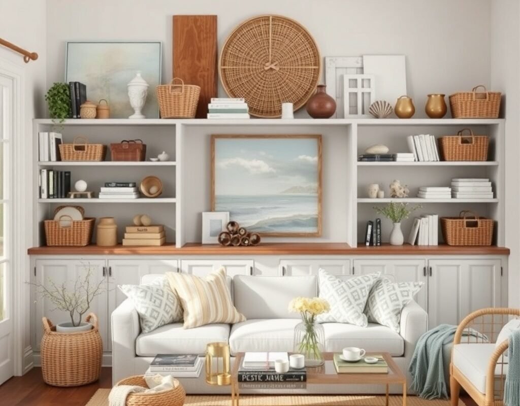 open shelving with rustic finds