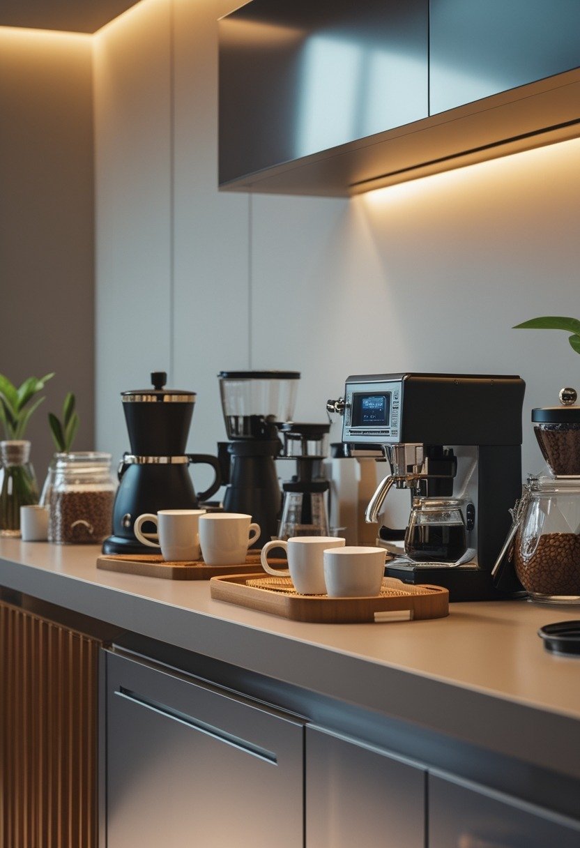 A kitchen counter set up as a coffee bar with coffee machines, mugs, jars of coffee beans, and small plants.