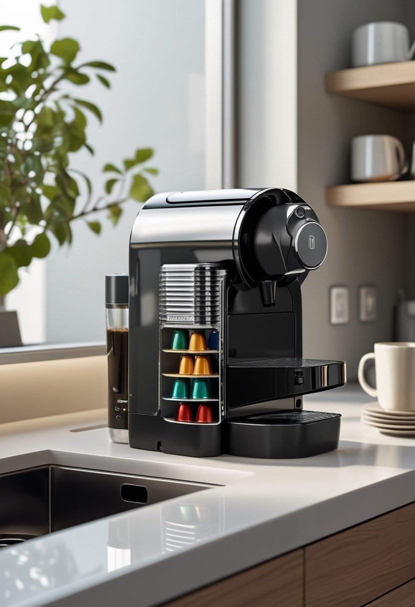 A kitchen counter with a Nespresso VertuoPlus coffee machine and a rotating capsule carousel filled with coffee pods.
