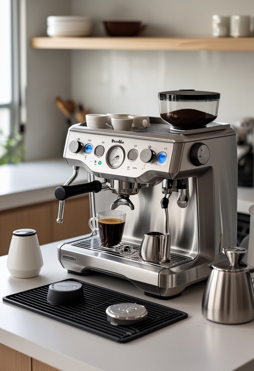 Kitchen counter with a Breville Barista Express espresso machine, a tamping mat, and coffee accessories arranged neatly.