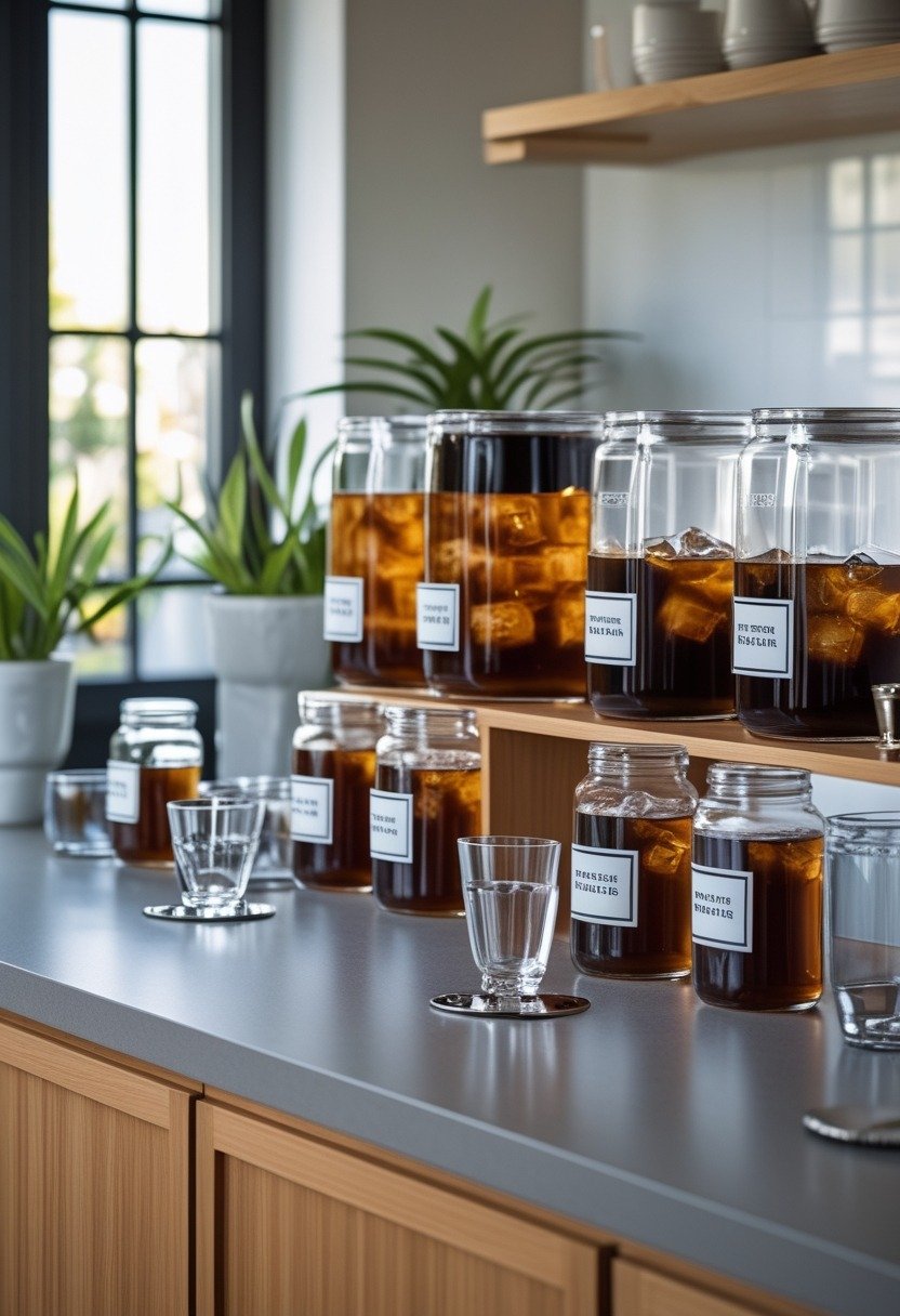 A kitchen counter with a Toddy Cold Brew System and several glass dispensers filled with cold brew coffee, arranged neatly with coffee mugs and small plants.