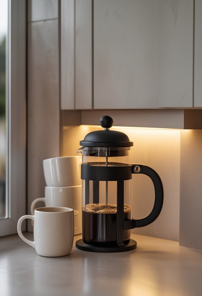 A kitchen counter with a Bodum Chambord French press and a stack of white ceramic mugs.