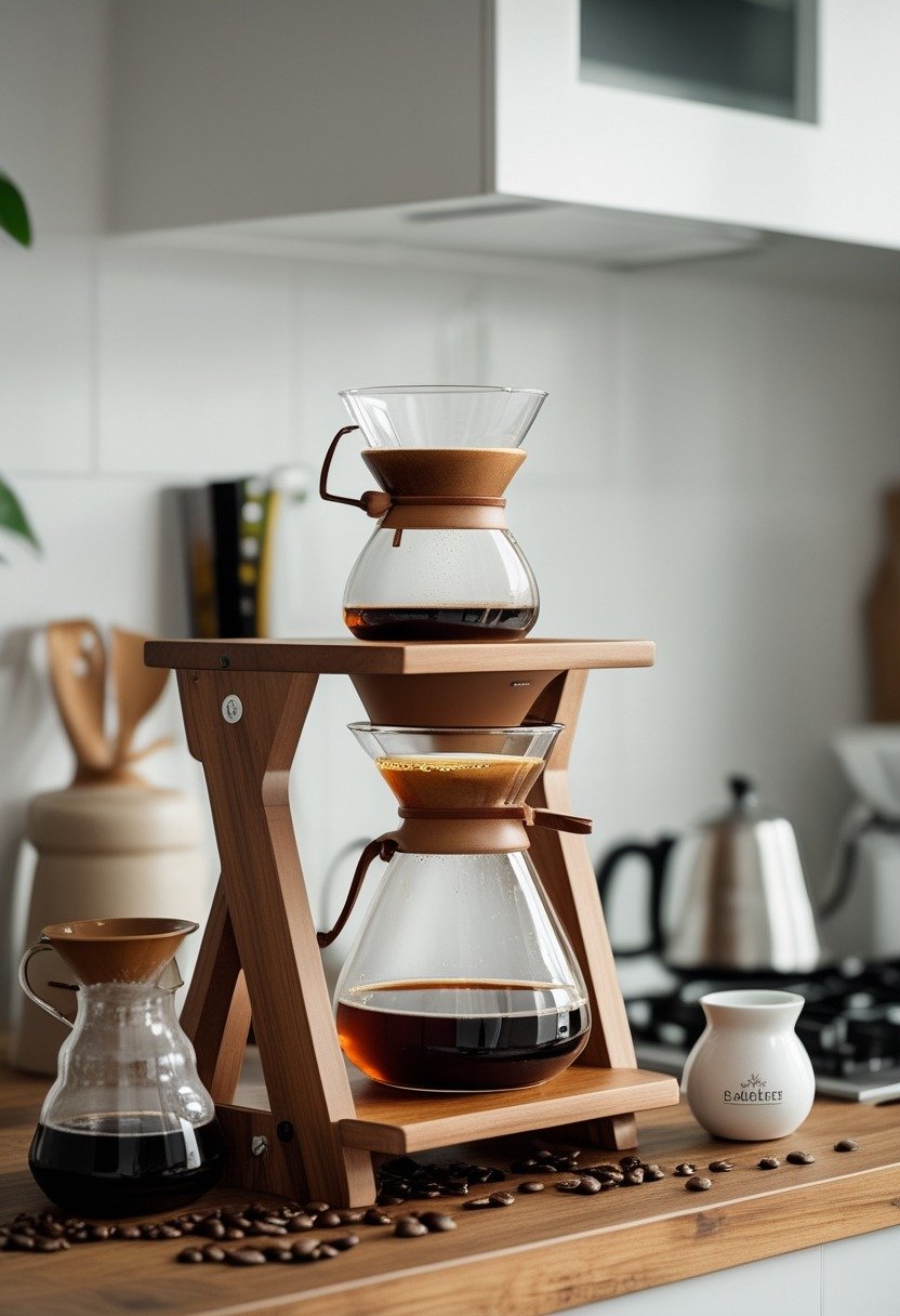A kitchen counter with a Chemex coffee maker on a wooden pour-over stand, surrounded by coffee accessories in a bright, modern kitchen.