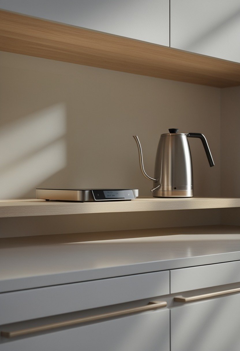 A kitchen counter with a built-in under-cabinet shelf holding a coffee scale and a gooseneck kettle.