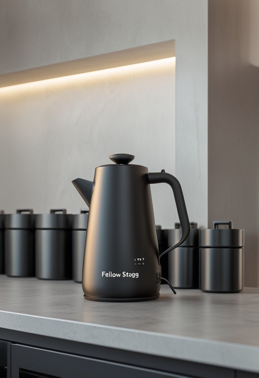 A kitchen counter with a matte black electric kettle and matching black canisters arranged neatly.