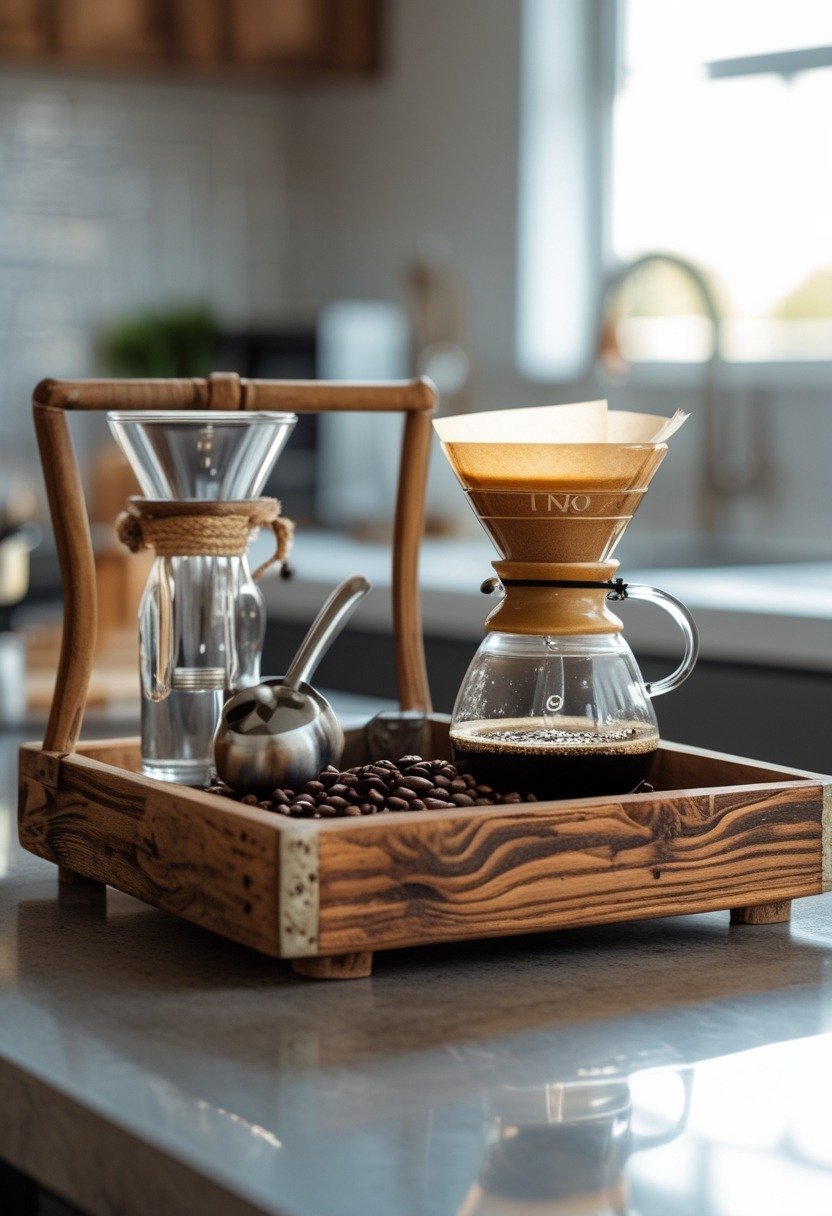 A rustic wooden tray on a kitchen counter holding a vintage coffee scoop, a glass jar of coffee beans, and a Hario V60 coffee dripper.