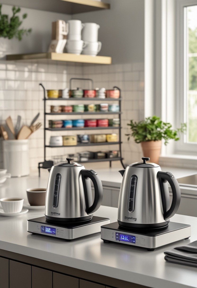 A kitchen counter with two electric kettles and a rack holding multiple tea tins, arranged neatly for coffee and tea preparation.
