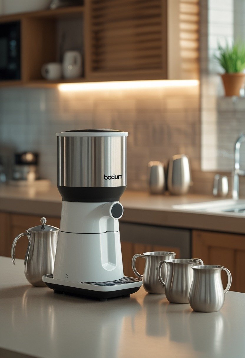 A mini latte art bar on a kitchen counter with an electric milk frother and several milk pitchers.