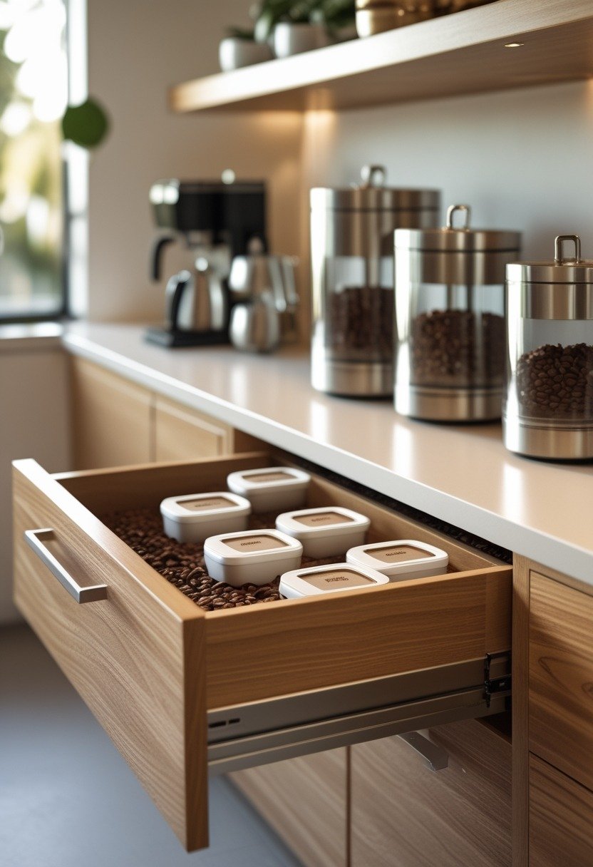 A kitchen counter with a pull-out drawer containing labeled containers of coffee beans and a set of airtight coffee canisters.